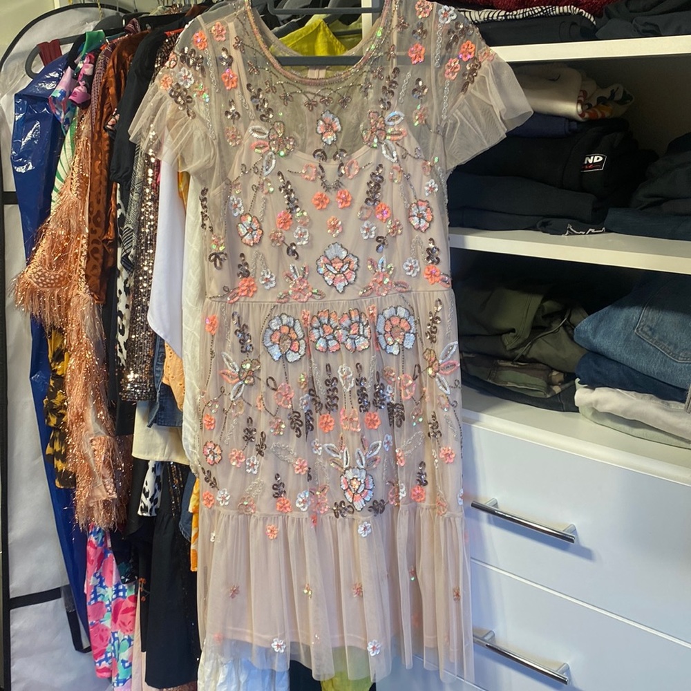 Gianni Bini Blush Pink Floral Sequins Embellished Penny Dress 8